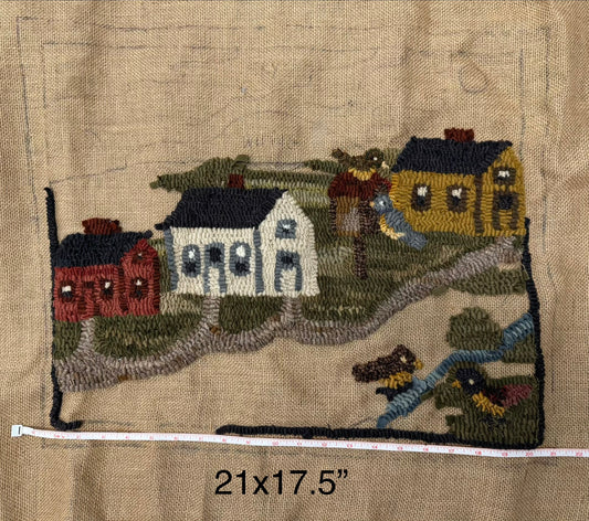 Houses with Birds unfinished rug hooking pattern