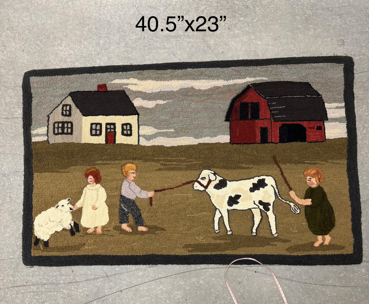 Vintage American Folk Art Hooked Rug - Farm Scene