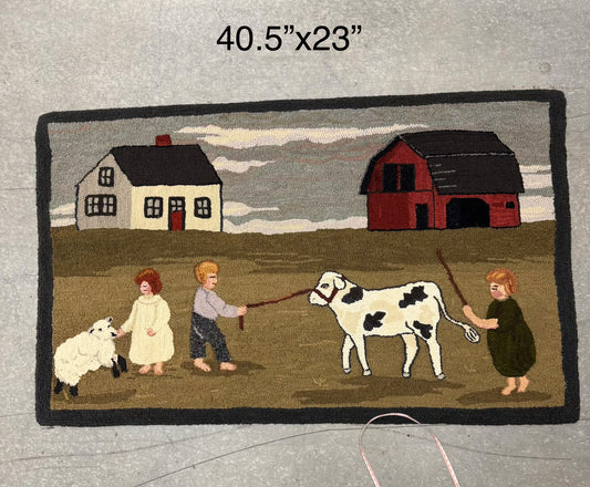 Vintage American Folk Art Hooked Rug - Farm Scene