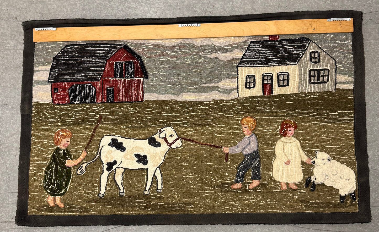 Vintage American Folk Art Hooked Rug - Farm Scene
